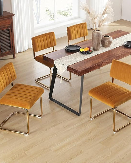 ONEVOG Orange Velvet Dining Chairs Set of 2, Upholstered Kitchen Dining Room Chair, Comfy Dinner Chair with Gold Metal Legs, Cantilevered Design Chair for Bedroom, Living Room - LeafyLoom