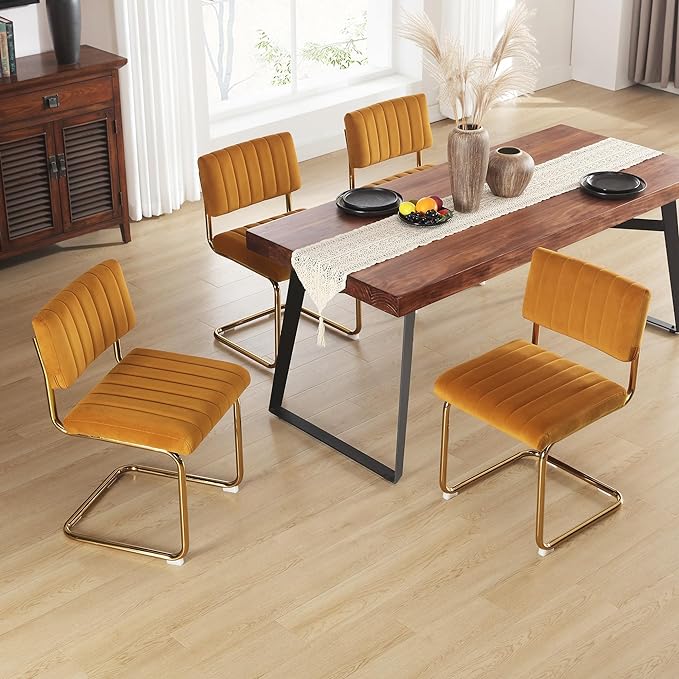 ONEVOG Orange Velvet Dining Chairs Set of 2, Upholstered Kitchen Dining Room Chair, Comfy Dinner Chair with Gold Metal Legs, Cantilevered Design Chair for Bedroom, Living Room - LeafyLoom