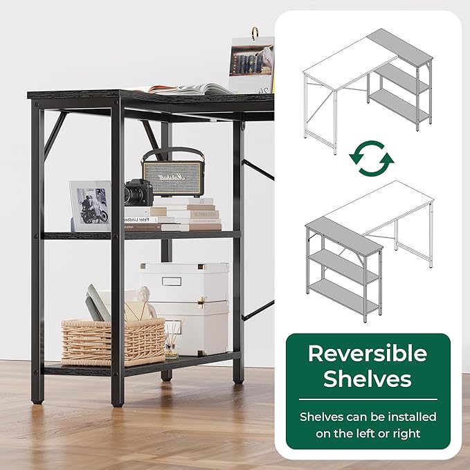 L Shaped Desk, 55 Inches Computer Desk with Reversible Storage Shelves, Gaming Desk, Corner Desk Home Office Desks, Writing Desk Study Desk with Metal Frame, Black - LeafyLoom