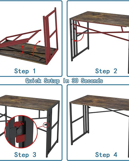 Folding Small Computer Desk, Foldable Space-Saving Home Office Table, Simple Study Writing Gaming Workstation for Small Space, No Assembly Needed, Rustic Brown - LeafyLoom