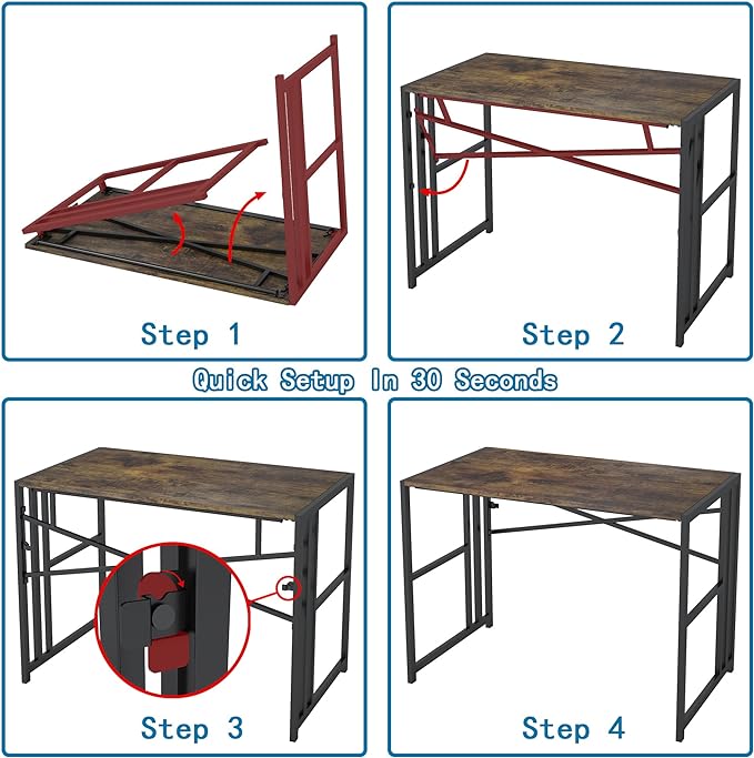 Folding Small Computer Desk, Foldable Space-Saving Home Office Table, Simple Study Writing Gaming Workstation for Small Space, No Assembly Needed, Rustic Brown - LeafyLoom