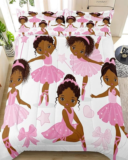Full Bedding Sets for Girls, African American Magic Comforter Set with Ballet Dancer, Pink Bed Set for Kids Teens, Little Girls Bedroom Decor - LeafyLoom