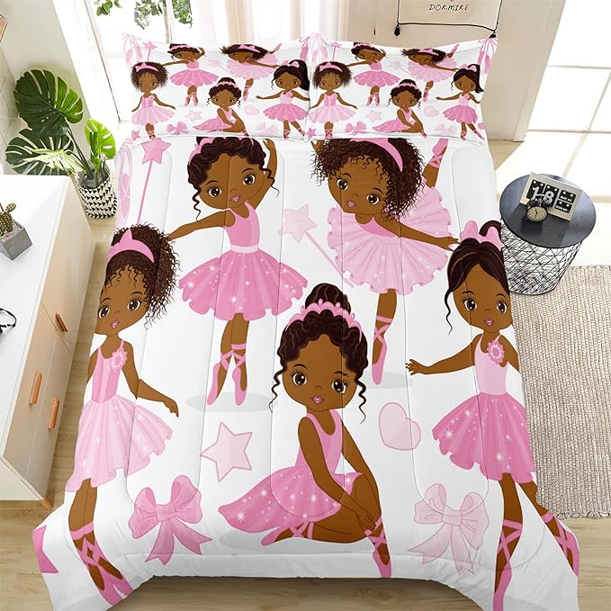 Twin Bedding Sets for Girls, African American Magic Comforter Set with Ballet Dancer, Pink Bed Set for Toddler Kids Teens, Little Girls Bedroom Decor - LeafyLoom
