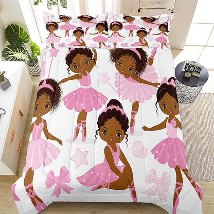 Queen Bedding Sets for Girls, African American Magic Comforter Set with Ballet Dancer, Pink Bed Set for Toddler Kids Teens, Little Girls Bedroom Decor - LeafyLoom