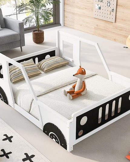 Full Size Floor Bed for Kids, Race Car-Shaped Wooden Platform Montessori Bed Frame with Guardrail and Door for Boys Girls Child's Bedroom, Slats Included, No Spring Need (White) - LeafyLoom