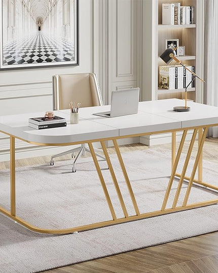 63 inches Executive Desk, Home Office Computer Desk, Modern Large Conference Table with Gold Metal Frame, Bussiness Furniture for Work Writing - LeafyLoom