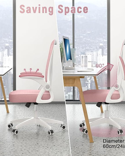 naspaluro Ergonomic Office Chair, Mid Back Desk Chair with Adjustable Height, Swivel Chair with Flip-Up Arms and Lumbar Support, Breathable Mesh Computer Chair for Home/Study/Working, Pink - LeafyLoom