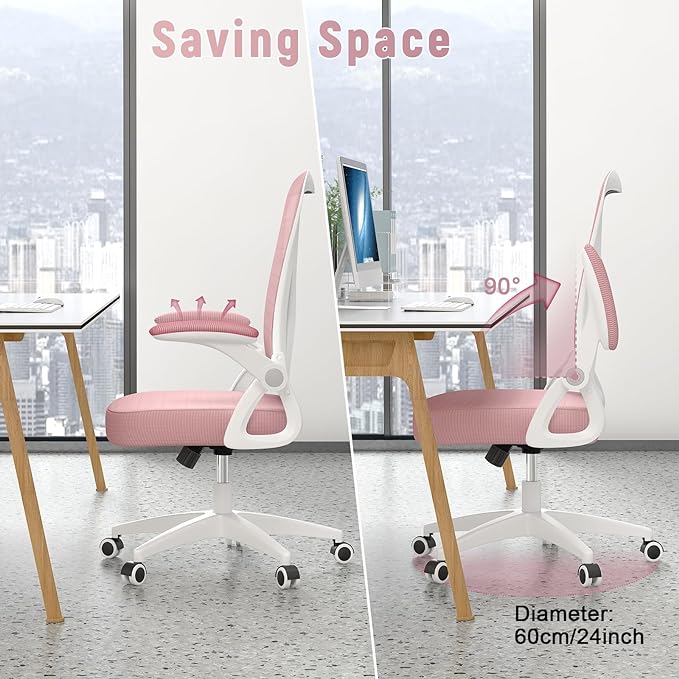naspaluro Ergonomic Office Chair, Mid Back Desk Chair with Adjustable Height, Swivel Chair with Flip-Up Arms and Lumbar Support, Breathable Mesh Computer Chair for Home/Study/Working, Pink - LeafyLoom