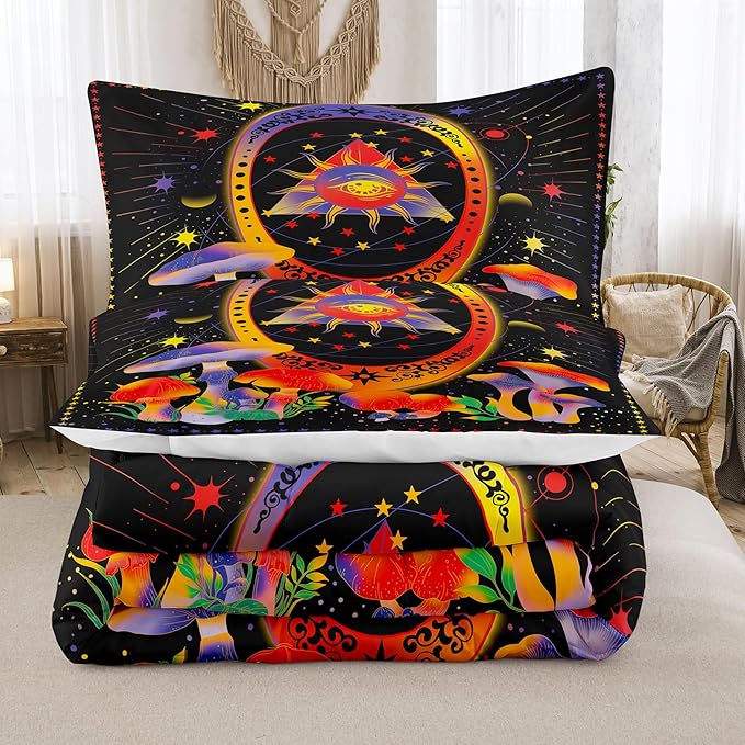 Tailor Shop Celestial Bedding Twin Size,Sun and Moon Bedding for Boys Girls Kids Teens, Mushroom Comforter Gothic Comforter Witchy Comforter Boho Exotic Black Bed with 1 Pillowcases - LeafyLoom