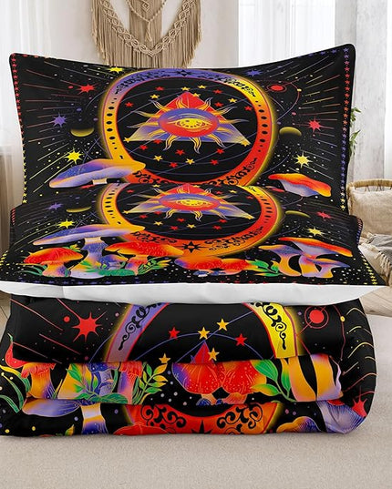 Tailor Shop Celestial Bedding Queen Size,Sun and Moon Bedding for Boys Girls Kids Teens, Mushroom Comforter Gothic Comforter Witchy Comforter Boho Exotic Black Bed with 2 Pillowcases - LeafyLoom