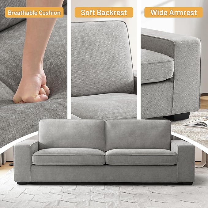 EASELAND Sofa Couch, 88" Chenille Loveseat for Living Room, 3 Seater Lounge Sofa for Bedroom with Removable Back and Seat Cushions, Modern Deep Seat Comfy Couch with Solid Wood Legs and Armrest (Grey) - LeafyLoom