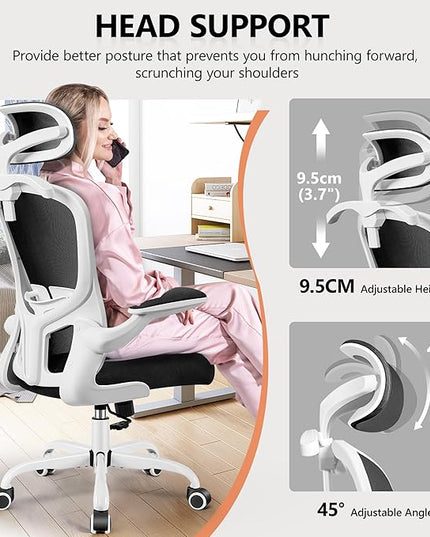 FelixKing Office Chair with Headrest, Ergonomic Desk Chair with Wheels, Task Swivel Comfy Chair with Adjustable Lumbar Support, Breathable Mesh Computer Chair with flip-up Armrests (White) - LeafyLoom