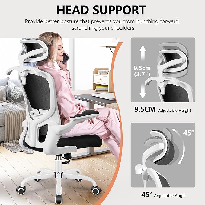 FelixKing Office Chair with Headrest, Ergonomic Desk Chair with Wheels, Task Swivel Comfy Chair with Adjustable Lumbar Support, Breathable Mesh Computer Chair with flip-up Armrests (White) - LeafyLoom