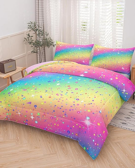 Kids Queen Bedding Sets for Girls, Pink Blue Yellow Glitter Pastel Bedding Set for All Season, Colorful Glitter Stars Bedding Set for Kids Teens (Queen, 3 Pieces) - LeafyLoom
