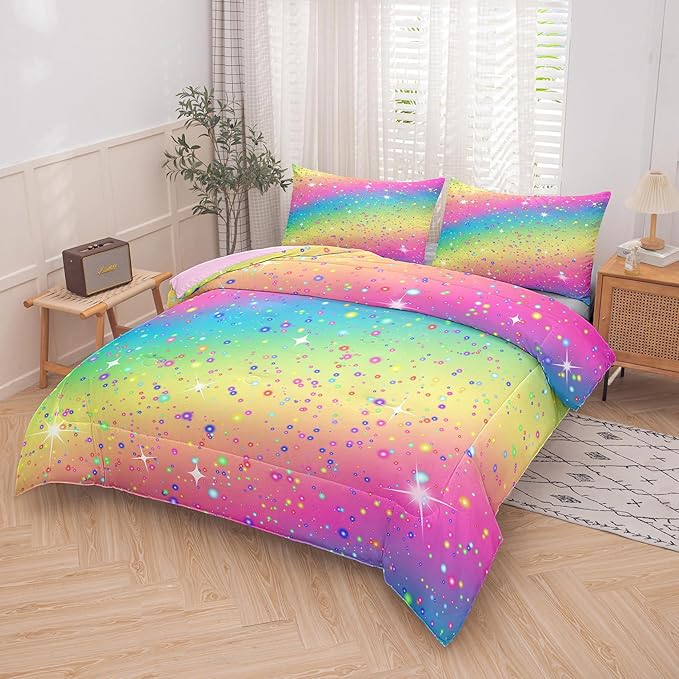 Twin Bedding Set Teen Girls, Galaxy Twinkle Comforter for Kids, Colorful Rainbow Bedding Set for All Season (Twin, 2 Pieces) - LeafyLoom
