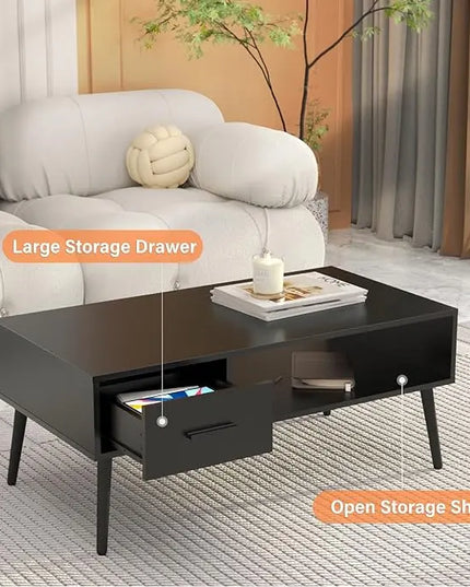 HAIOOU Coffee Table, Mid Century Modern Style Cocktail Table TV Stand with Drawer, Open Storage Shelf, Stable Floor-Anti-Scratching Pine Leg for Home, Office, Living Room - Black - LeafyLoom