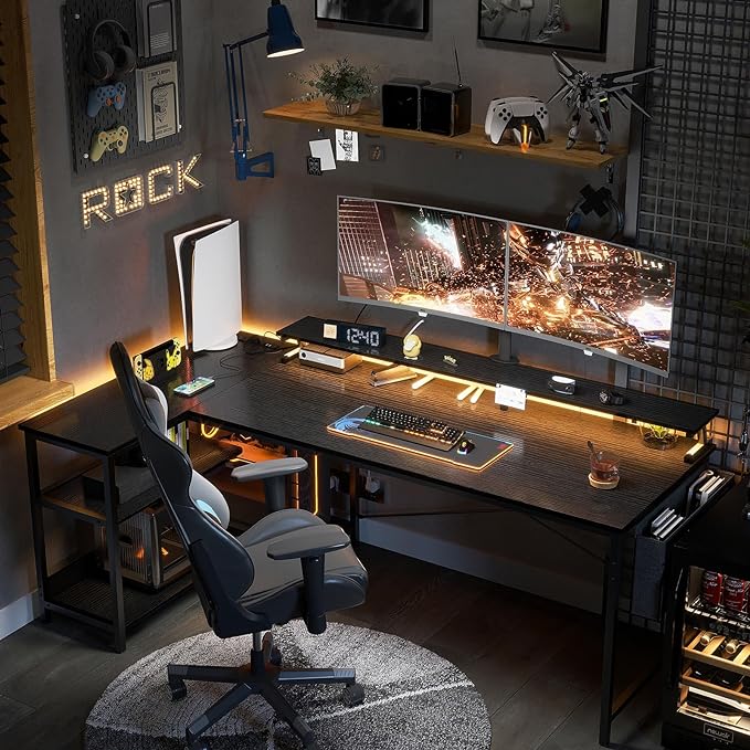 ODK 66 Inch Gaming Desk with USB Charging Ports and LED Lights, Reversible L Shaped Computer Desk with Storage Shelves & Monitor Stand, Corner Gamer Desk Table with Power Outlets, Black - LeafyLoom