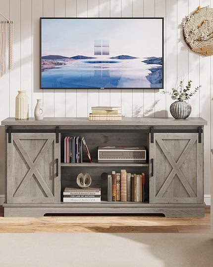 Entertainment Center for 65 Inch TV, Farmhouse TV Stand Media Console Table, Tall TV Stand with Sliding Barn Doors, Storage and Shelves, Wood TV Console Cabinet Furniture for Living Room, Grey - LeafyLoom