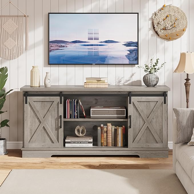 Entertainment Center for 65 Inch TV, Farmhouse TV Stand Media Console Table, Tall TV Stand with Sliding Barn Doors, Storage and Shelves, Wood TV Console Cabinet Furniture for Living Room, Grey - LeafyLoom