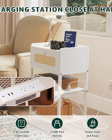 Night Stand set 2, Side Table with Rattan Drawer, Nightstand with Charging Station, Industrial Bedside Table with 3-Tier Storage, White JET003CW2 - LeafyLoom
