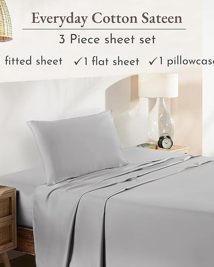 California Design Den Soft 100% Cotton Sheets Twin Size Bed Sheet Sets with Deep Pockets, 3 Pc Twin Sheets with Sateen Weave for Dorm Rooms, College, Cooling Sheets (Light Grey) - LeafyLoom