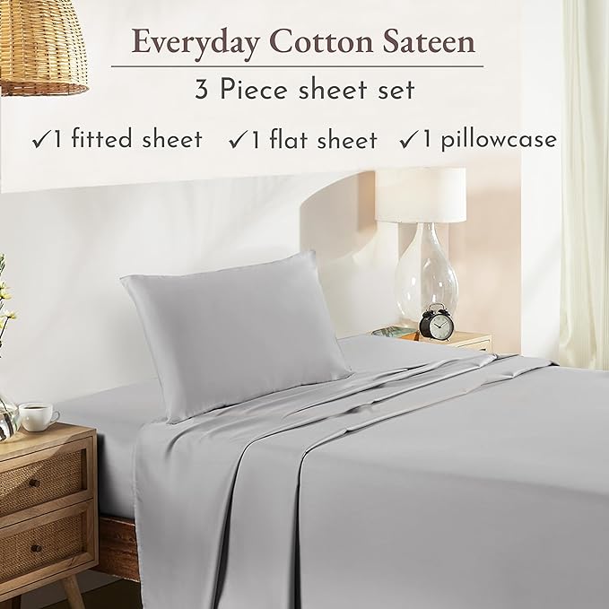California Design Den Soft 100% Cotton Sheets Twin Size Bed Sheet Sets with Deep Pockets, 3 Pc Twin Sheets with Sateen Weave for Dorm Rooms, College, Cooling Sheets (Light Grey) - LeafyLoom