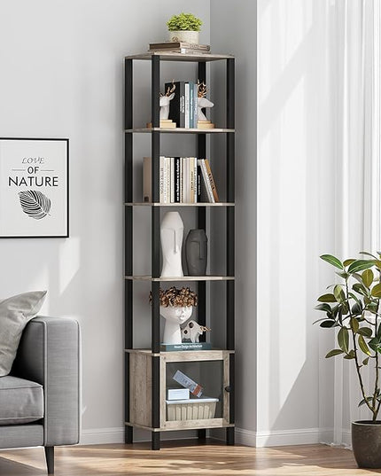 TUTOTAK 6 Tier Bookcase and Bookshelf, Narrow Book shelf with Door for Small Space, for Living Room, Office, Study, Entryway, Greige BS03BG006 - LeafyLoom