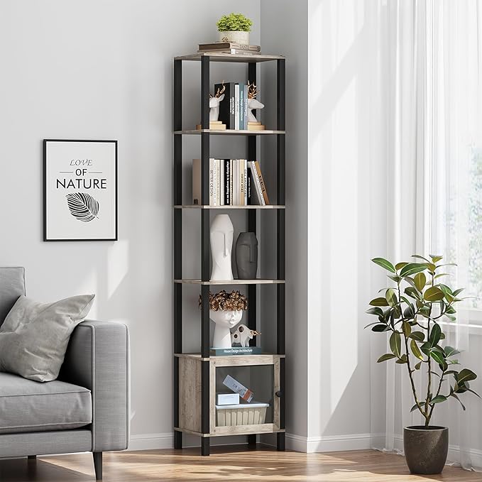 TUTOTAK 6 Tier Bookcase and Bookshelf, Narrow Book shelf with Door for Small Space, for Living Room, Office, Study, Entryway, Greige BS03BG006 - LeafyLoom
