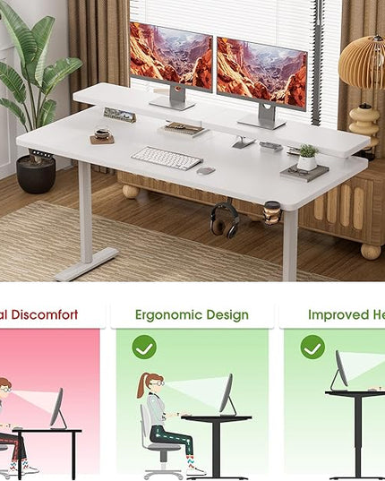 Electric Standing Desk with Monitor Shelf, 55 x 24 Inches Height Adjustable Corner Table, Computer Workstation with Cup Holder and Hook for Home Office, White, 55x24 Inch - LeafyLoom