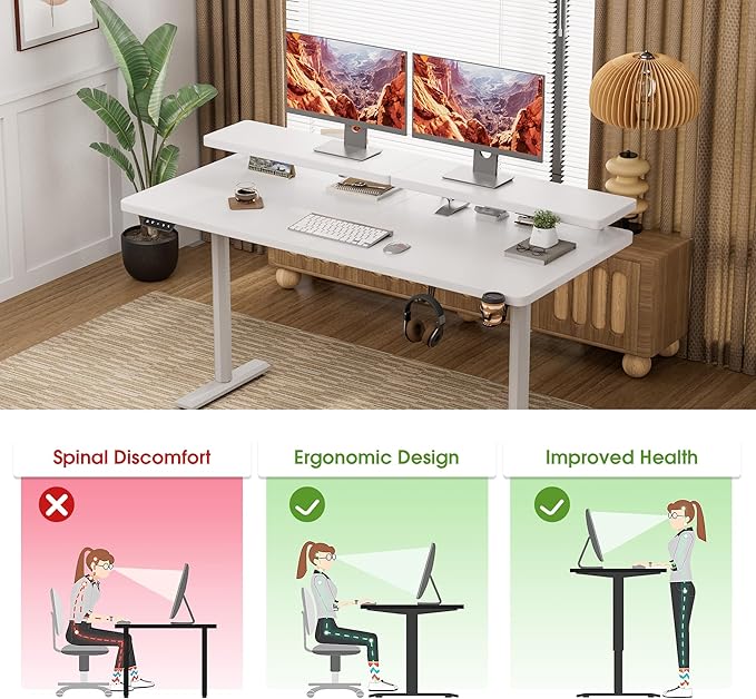 Electric Standing Desk with Monitor Shelf, 55 x 24 Inches Height Adjustable Corner Table, Computer Workstation with Cup Holder and Hook for Home Office, White, 55x24 Inch - LeafyLoom