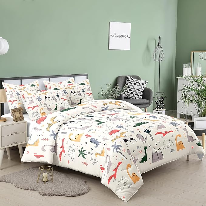 NINENINE Dinosaur Comforter Sets for Girls,Queen Size Bedding Sets for Girls Kids,Dinosaur Bedding Sets Cute Bed Sets with 1 Comforter 2 Pillowcases - LeafyLoom