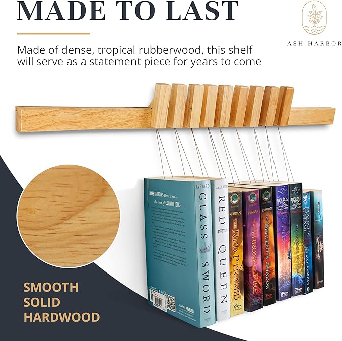 Floating Wall Bookshelf - Wall Mounted Book Organizer with Included Bookmarks - Hardwood Hanging Bookshelf for Bedroom, Living Room, or Kitchen - A Thoughtful Gift for Book Lovers (Natural) - LeafyLoom