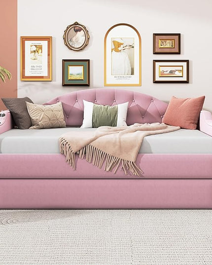 Twin Size Velvet Tufted Upholstered Daybed with Trundle, Modern Solid Wood Sofa Bed w/USB & Type-C Charging Ports, for Bedroom Living Room, No Box-spring Needed, Pink - LeafyLoom