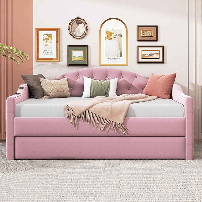 Twin Size Velvet Tufted Upholstered Daybed with Trundle, Modern Solid Wood Sofa Bed w/USB & Type-C Charging Ports, for Bedroom Living Room, No Box-spring Needed, Pink - LeafyLoom