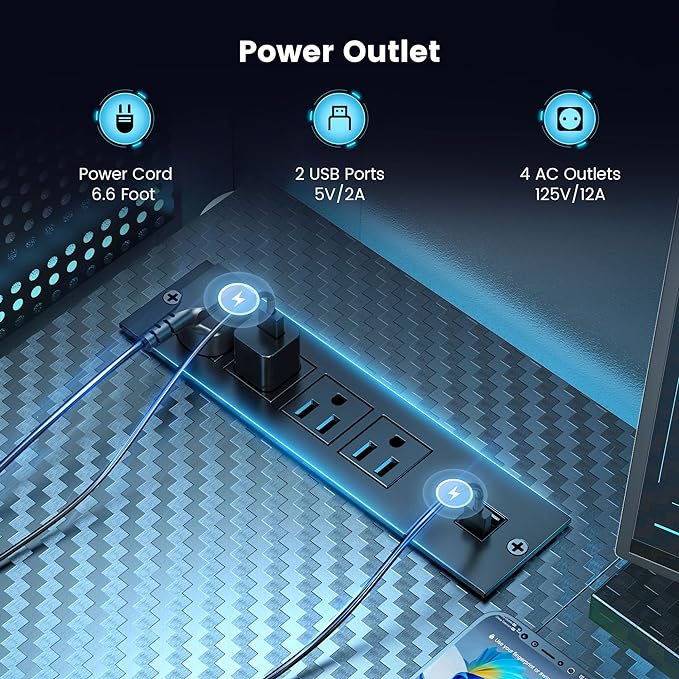 L Shaped Gaming Desk, 63 Inch Computer Desk with Adjustable Stand & RGB Lights, Corner Desk for Power Outlet, Carbon Fiber Texture, Gaming Room - LeafyLoom