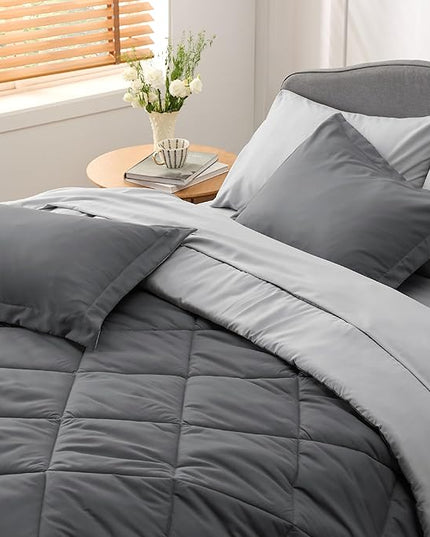 Bedsure Dark Grey California King Size Comforter Set - 7 Pieces Reversible California King Bed in a Bag, California King Dark Grey Bed Set with Comforters, Sheets, Pillowcases & Shams - LeafyLoom