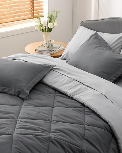 Bedsure Dark Grey Twin XL Comforter Set - 5 Pieces Reversible Twin XL Bed in a Bag for College, Extra Long Twin Bed Set Dark Grey with Comforters, Sheets, Pillowcase & Sham - LeafyLoom