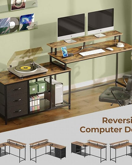 Seventable L Shaped Computer Desk with Drawers, Reversible Gaming Desk with LED Lights & Charging Port, Corner Desk with Storage Shelves & Monitor Stand for Home Office Rustic Brown - LeafyLoom