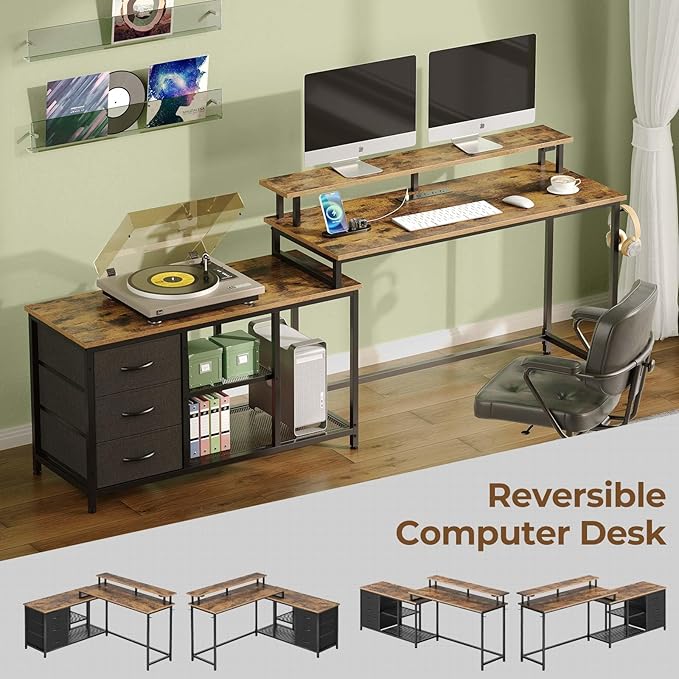 Seventable L Shaped Computer Desk with Drawers, Reversible Gaming Desk with LED Lights & Charging Port, Corner Desk with Storage Shelves & Monitor Stand for Home Office Rustic Brown - LeafyLoom