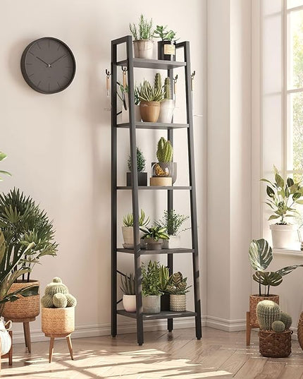 YMYNY 5 Tiers Ladder Bookcase, Industrial Narrow Bookshelf, Open Display Rack with 4 S Hooks, Metal Storage Shelves for Bedroom, Home Office, Living Room, Black, 63H*13.4L*11.8W, UHBC025B - LeafyLoom