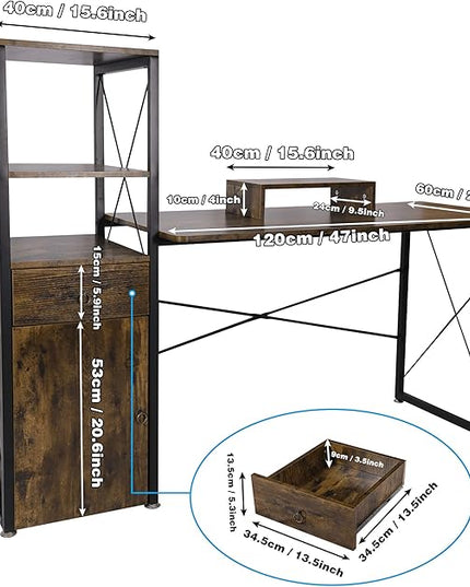 Becko US Computer Desk 63 Inch with Drawer & Storage Shelves, Home Office Desk with Removable Monitor Stand, Writing Gaming Table for Home Office (Rustic Brown) - LeafyLoom