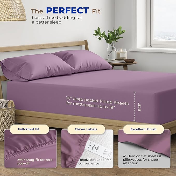 THREAD SPREAD Luxury King Size Sheets Set Egyptian Cotton - 600 Thread Count Sheets King 4 PC Luxury Sheets King Size, 16" Deep Pocket, Soft, Cooling Sateen Weave Hotel Luxury Bed Sheets Set - Plum - LeafyLoom