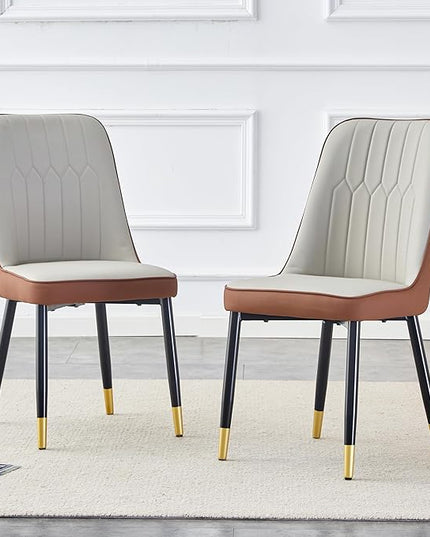 Modern Set of 2, Faux Leather Dining PU Upholstered Kitchen Chair with Black Golden Metal Legs for Home Living Room, Restaurant, 2 Piece, Brown+light Gray - LeafyLoom