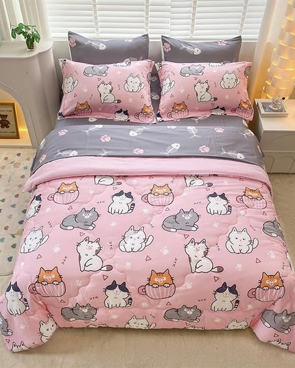 7 Piece Girls Cats Comforter Set Twin Size Bed in A Bag Pink Cute Cartoon Pet Cat Bedding Set for Kids Boys Teens (1 Comforter, 1 Flat Sheet, 1 Fitted Sheet, 4 Pillow Sham) Gray - LeafyLoom