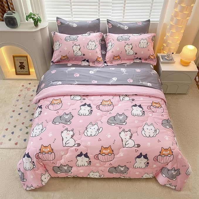 7 Piece Girls Cat Comforter Set Full Size Bed in A Bag Pink Cute Cartoon Pet Cats Bedding Set for Kids Boys Teens (1 Comforter, 1 Flat Sheet, 1 Fitted Sheet, 4 Pillow Sham) Gray - LeafyLoom
