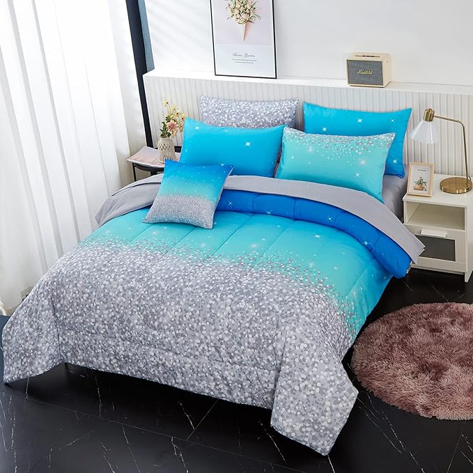 inron 4Pcs Aqua Gradient Twin Bedding Sets for Girls,Aqua Glitter All-Season Girls Comforter Set, Ultra Soft Girls Bedding Set(Aqua,Twin) - LeafyLoom
