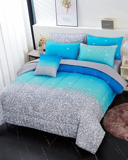 inron Aqua Glitter Comforter Sets for Girls Women,Full Size 5-Pieces Bed in a Bag Ultra Soft Microfiber Comforter and Sheet Sets, All Season Durable Bedding Set(Aqua,Full) - LeafyLoom