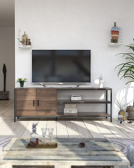 Novilla Retro Farmhouse TV Stand for TVs up to 65 Inches, Living Room Entertainment Center for Flat/Curved Screen, 58 Inches, Walnut - LeafyLoom