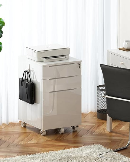 ChooChoo High Gloss File Cabinet with Lock,3 Drawer Rolling Filing Cabinet Fits Legal Size/A4/Letter, Under Desk File Cabinet with Hook for Home Office,White - LeafyLoom