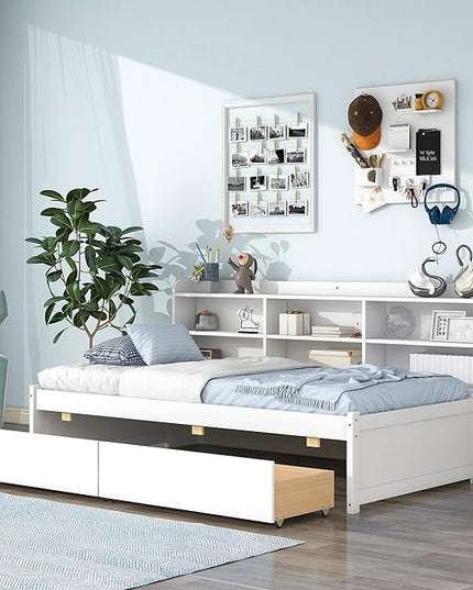 Twin Size Platform 2 Storage Drawers and Side Bookcase, Solid Wood Day Captain, Ideal Bed Frame for Bedroom, Living Room, White - LeafyLoom